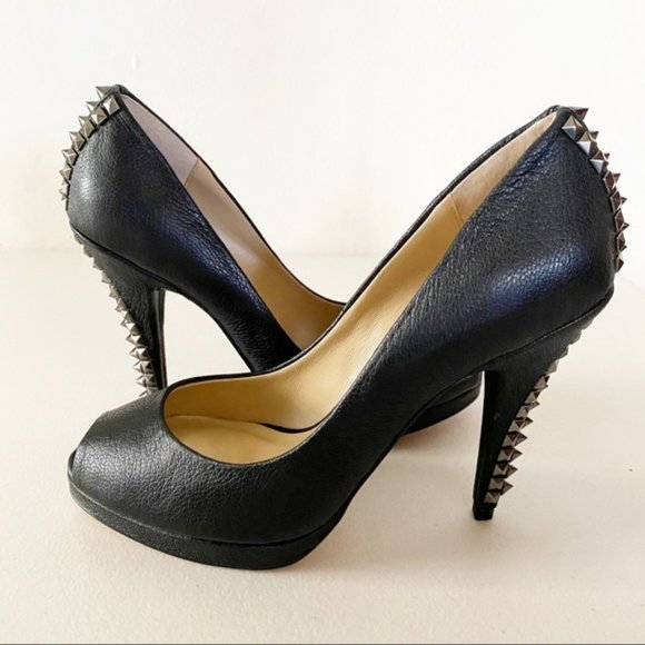 BCBG ROXANNE BLACK LEATHER STUDDED PEEP TOE PUMP - Picture 1 of 5